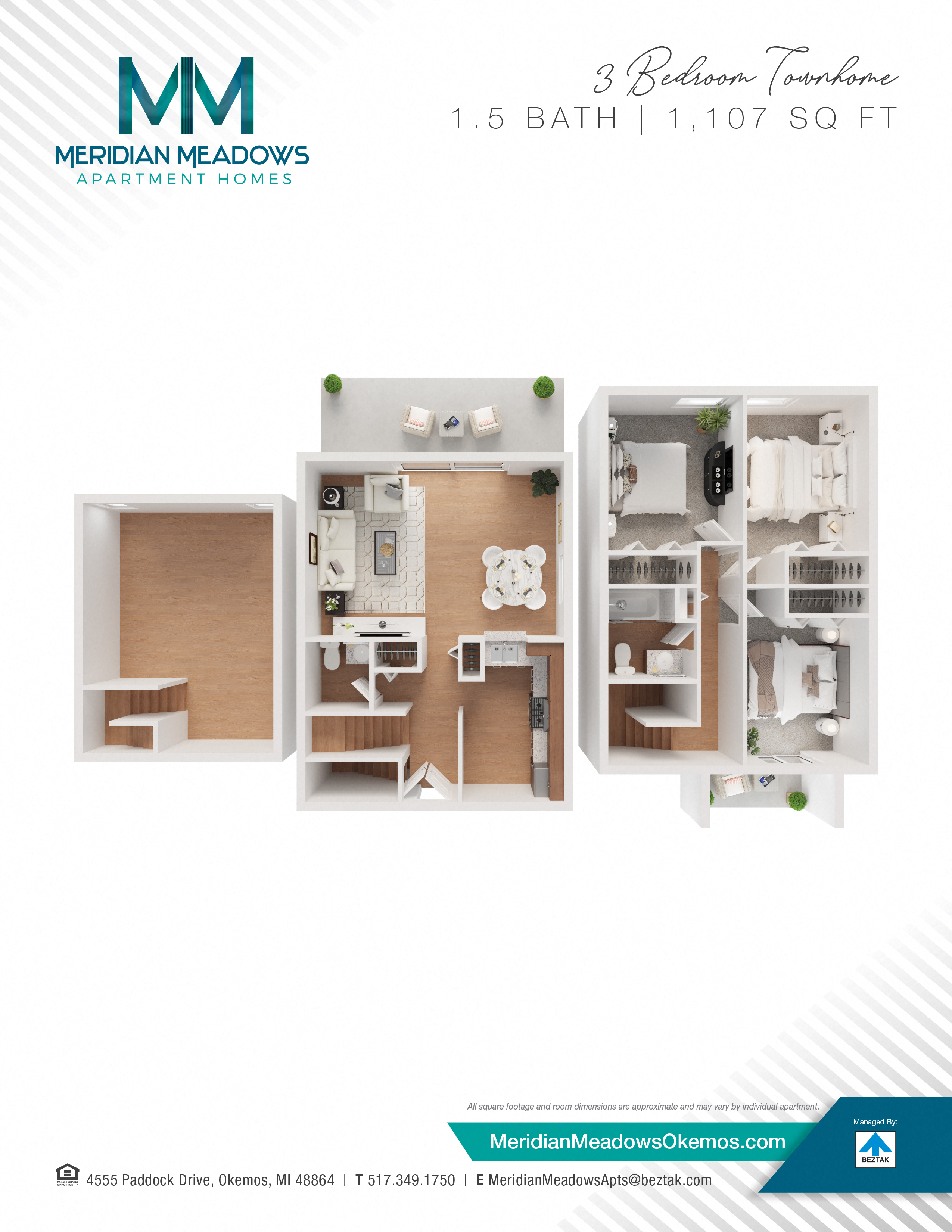 Floor plan for 3 beds, 1.5 baths, 1107 sqft